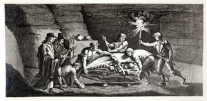 Objevování kostí prehistorického zvířete, ilustrace z Histoire naturelle de la Montagne Saint-Pierre de Maastricht od Barthelemy Faujas de Saint Fond (1743-1819) 1799 od French School