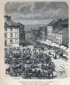 Disouverte du Canada: pochod z horního města (Upper City nebo Upper City) do Quebecu. Kresba Taylorem z fotografie. Rytina z konce 19. století v „La nouvelle France“ od Eugena Guenina. od French School