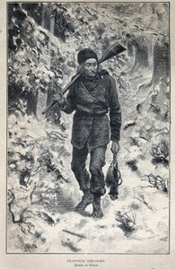 Disouverte du Canada: portrét kanadského lovce v lese. Rytina z konce 19. století v „La nouvelle France“ od Eugena Guenina. od French School