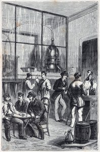 Prodejna destilátů v Paříži v 19. století – Rytina „Vědy dostupné všem – fyzika a chemie“ od Alexise Clerca – Konec 19. století – Soukromá sbírka od French School
