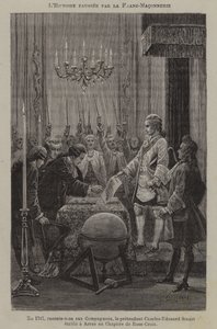 Zkreslení dějin svobodnými zednáři: údajné založení kapituly rosekruciánů předstíraným Karlem Edwardem Stuartem v Arrasu v roce 1747 (rytina) od French School