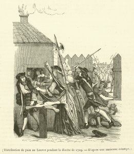 Rozdělování chleba v Louvru během nedostatku potravin v roce 1709 (rytina) od French School