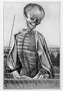 Doctor Death, z knihy hodin, ilustrace z vědy a literatury ve středověku a renesanci, napsal a vyryl Paul Lacroix, 1878 od French School