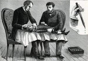 Lékaři vyšetřující oči dítěte a injekční oční kapky (rytina) 1888 od French School