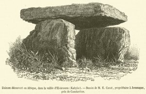 Dolmen objeven v Africe, v údolí El-Arouna, Kabylie (rytina) od French School