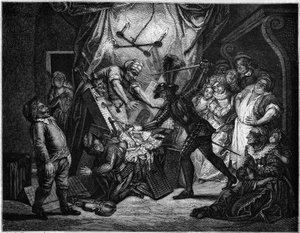 Don Quijote bojuje s loutkami, které považuje za Maury. Rytina V. Beauce podle obrazu Charlese Antoina Coypela (1694 - 1752) ilustrující román Cervantese (1547-1616). V „“malebném Le Magasin““ od French School