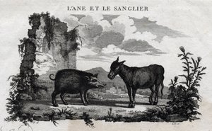 Osel a kanec. Pohádka o Esope. (Řecký spisovatel Esopo nebo Ecopus, 6. století př. n. l.) Napsal Guillaume Montfort a Gravees Beauble v roce 1801. od French School