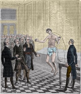 Dr. Andrew Ure provádějící voltaické experimenty na těle popraveného vraha Clydesdale v roce 1818 - Zkušenost Andrewa Ure (1778-1857) na mrtvole - Rytina v „“Vědy před dveře všem – fyzika a chemie““ od Alexis Clerc – konec 19 od French School