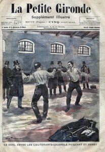 Dreyfusova aféra: souboj mezi podplukovníky Georges Picquartem (1854-1914) a Hubertem Henrym (1846-1898) na vojenské škole v Paříži. Obálka „La petite Gironde“ z března 1898 (rytina) od French School