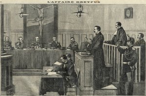Dreyfusův případ v roce 1898: slyšení válečné rady: proces s velitelem Esterhazym. Rytina v „Le petit parisien“ z roku 1898. od French School