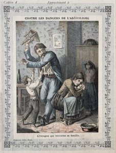 Opilec terorizující svou rodinu, obálka školního sešitu. c.1900 od French School