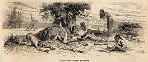 Opilost kuřáků, kresba autora, pro ilustraci 3 let zajetí mezi patagony od French School