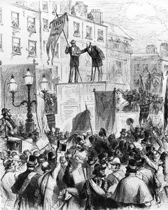 Dublin – Oslavy stého výročí narození Daniela OConnellse : Pan Sullivan MP, vypráví lidem v Sackville Street, z Le Monde Illustré, 1875 od French School