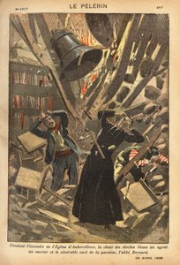 Při požáru kostela v Aubervilliers se při pádu zvonů zranil agent, dělník a farář. Rytina v "Le pelerin" 29/04/1900. Sbírka Selva. od French School