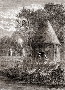 Raně galské domy, kulatý srub s otvorem ve střeše, aby mohl unikat kouř z ohně, z „Les Merveilles de la Science“, publikované kolem roku 1870 (rytina) od French School