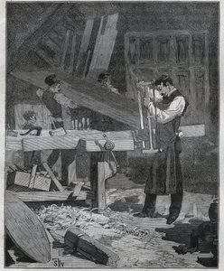 Ebenisterie: ebenistický dělník štípající prkno u zřízení. Rytina z roku 1885 v „“Les arts et metiers illustres““ od Adolphe BITARDA. od French School