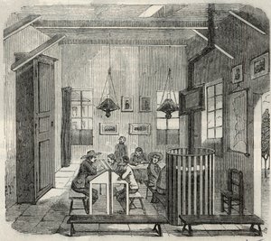 Škola pro idioty v Bicetre v 19. století – rytina v „Tableau-de-Paris“ od Edmonda Texiera 1852 od French School