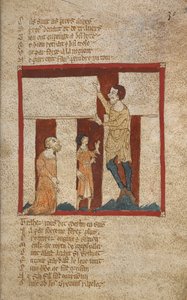 Egerton 3028, f.30 Budova Stonehenge. Stonehenge je postaven za pomoci Merlina v polovině 14. století od French School