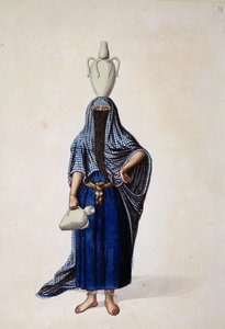 Egyptská žena nesoucí nádobu na vodu Ibrik, pravděpodobně z Cousinery, osmanské období, třetí čtvrtina 18. století (wc na papíře)