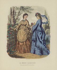 Elegantní ženy v dobových šatech stojící v zahradě od French School