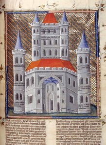 Vyvýšenina průčelí Šalamounova chrámu v Jeruzalémě Miniatura převzatá z "Komentáře k Bibli" od Mikuláše z Lyry (13. století) 14. století Cambrai, městská knihovna od French School