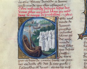 Nalodění Milosrdných sester z pařížského hotelu Dieu, z knihy Le Livre de Vie Active de lHotel Dieu od Jeana Henryho, asi 1482 od French School