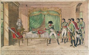 Císař Napoleon I. uvažuje o meči Fridricha Velikého v Postupimi v roce 1806 (barevná rytina) od French School