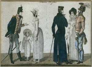 Anglické kostýmy, ilustrace z Le Bon Genre, začátek 19. století (barevná rytina) od French School