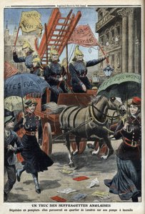 Anglické sufražetky převlečené za hasiče, z „Le Petit Journal“, 3. dubna 1910 (rytina) od French School