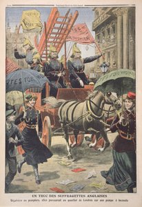 Anglické sufražetky převlečené za hasiče, z Le Petit Journal, 3. dubna 1910