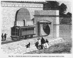 Vstup do pneumatické železnice z Londýna do Sydenhamu, zřízené v roce 1865 - v „The Wonders of Science“ od L. Figuiera. ¿ od French School