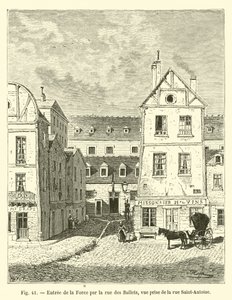 Vstup do La Force přes rue des Ballets, pohled z rue Saint-Antoine od French School
