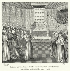 Rozhovor Godefroye de Bouillon a císaře Alexise Comnene (rytina) od French School