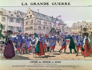Vstup francouzské armády do Mulhouse v Alsasku, 9. srpna 1914 (barevná litografie) od French School