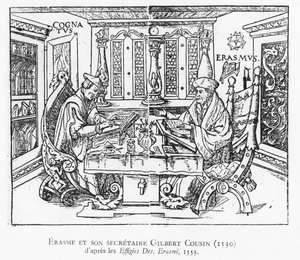 Erasmus a jeho sekretář Gilbert Cousin (dřevořez) od French School