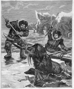 Eskymáci - lov mrožů - Eskymáci - lov mrožů v roce 1888 - - Rytina v „Journal des Voyages““ 1888 od French School