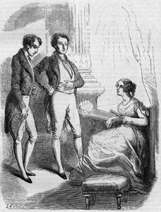 Eugene de Rastignac darovaný madame de Nucingen markýzem z Adjudy. Rytina poloviny 19. století. Ilustrace k „Otec Goriot“ od Honore de Balzac (1799-1850). od French School