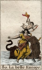Evropa unesená Zeusem v podobě býka z „Mythologie de la jeunesse“ od Pierra Blancharda 1803. od French School