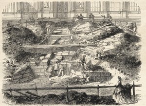 Vykopávky v Cour Carree du Louvre - Objev základů bývalé věže Philippe Auguste - Vykopávky provedené na nádvoří Louvru - aktualizace základů bývalé Tour Philippe-Auguste - Rytina v „Le monde i od French School