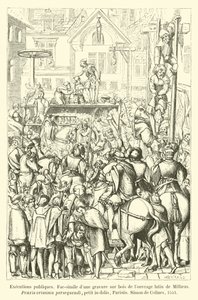 Executions publiques, Fac-simile dune gravure sur bois de louvrage latin de Millaeus, Praxis criminis persequendi, petit in-folio, Parisiis, Simon de Colines, 1541 od French School