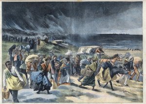 Exodus obyvatel Fort de France (Fort-de-France) po erupci sopky de la Montagne Pelee na Martiniku. Gravírování „“Le Petro Parisien““ od French School