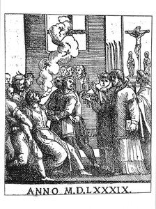 Scéna vymítání v roce 1589 od French School