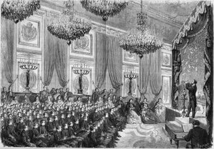 Fyzikální experimenty provedené Henri Robinem (asi 1803-1874) na počest nejlepších žáků pařížského lycea, show nabízená princem Imperial v paláci Tuileries, 27. ledna 1865. Současnost: Prince Imperial, syn N od French School