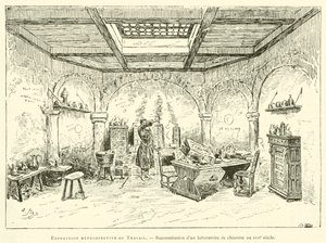 Retrospektivní výstava Práce, rekonstrukce chemičky v 17. století (rytina) od French School