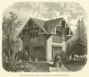 Univerzální výstava z roku 1867, tyrolská chata (rytina) od French School
