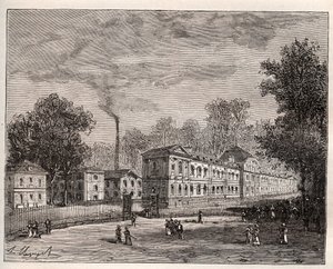 Vnější pohled na Imperiale Porcelain Factory of Sevres, postavenou v parku Saint Cloud podle plánů architekta Laudina - rytina „France illustree: geografie, historie, statistická správa“ od V.-A. Sladově hnědá. 1884 od French School