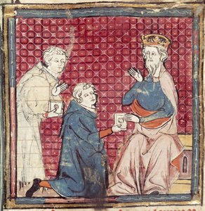 F.117r Poslové vyprávějící Karlu Velikému o vítězství nad Saracény, z Grandes Chroniques de France, 1375-79 od French School
