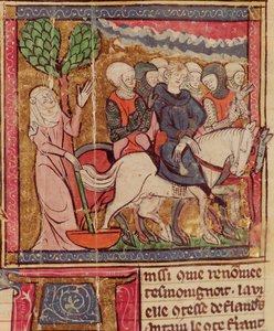 F.288r Ferdinand Portugalský (1186-1233) hrabě z Flander zajat jako zajatec do Paříže po bitvě u Bouvines, 27. července 1214, Grandes Chroniques de France, 1375-79 od French School