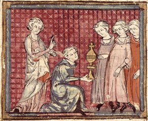 F.29r Rozdělení království po smrti Clotaire I (497-561), z Grandes Chroniques de France 1375-79 od French School