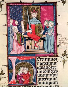 F.39r Manželské právo, cizoložná manželka vystupující u soudu, od Justinianiho ve Fortiatu od French School